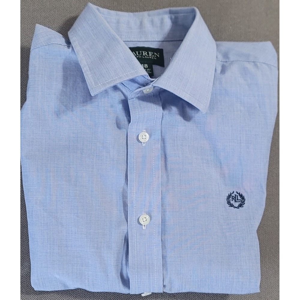 Lauren Ralph Lauren Boy's Solid Blue‎ LS Button Up Cotton Blend Shirt Size 18